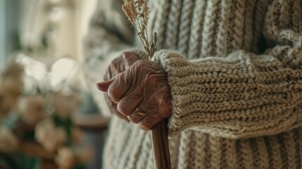 The elderly hands holding cane