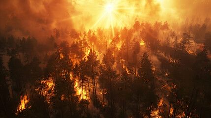 fire in tall pine forest with the sun between the trees. aerial view from the height Wildfires or forest fire burning with a lot of smoke