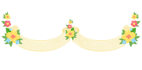 Beige ribbon with flowers clip art. Template for design with ribbons and flowers. Watercolor illustration on a white background.