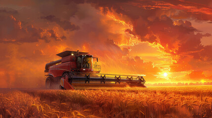 Fototapeta premium A red tractor is driving through a field of wheat