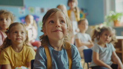 Fototapeta premium Kindergarten classroom, cute children in a classroom doing different activities