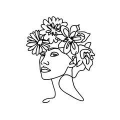 Woman Head with Flowers Line Vector Drawing. Style Template with Female Face with Flowers. Modern Minimalist Simple Linear Style. Beauty Fashion Design