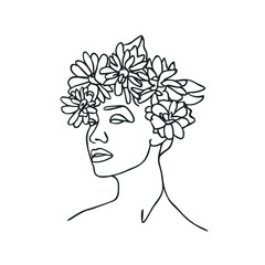 Woman Head with Flowers Line Vector Drawing. Style Template with Female Face with Flowers. Modern Minimalist Simple Linear Style. Beauty Fashion Design