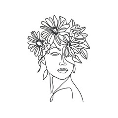 Woman Head with Flowers Line Vector Drawing. Style Template with Female Face with Flowers. Modern Minimalist Simple Linear Style. Beauty Fashion Design