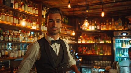 Fototapeta premium A man in a vest and bow tie stands in front of a bar with many bottles