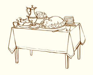 Vector drawing. Tasty feast food