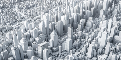Birds Eye view of a modern city. Urban concept. White clay 3D rendering. Created with Generative AI technology.