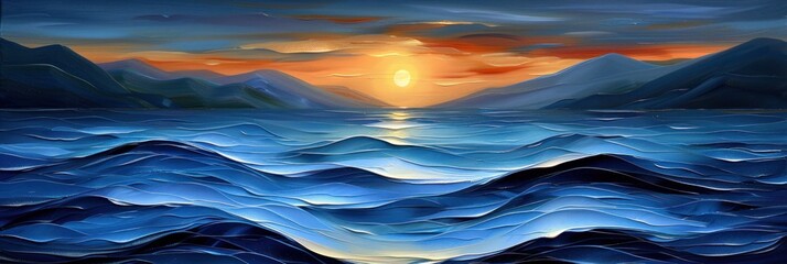 A mesmerizing acrylic painting of a sunset over the ocean with mountains