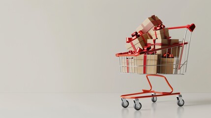 A shopping cart overflowing with gifts against a white background.