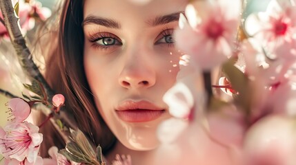 Fototapeta premium Spring Blossom Attractive Female Model with Flowers Radiating Youth and Beauty in a Fresh and Bright Portrait : Generative AI