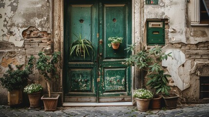 An old house, a front door adorned with green wooden shutters, a window on the wall, and decorated flower pots filled with vibrant blooms, all set against a charming cobblestone pavement.