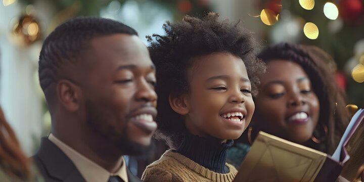 Diverse family sings carols with minimalist style during holiday celebration. Concept Holiday Celebration, Family Singing, Carols, Diverse Family, Minimalist Style