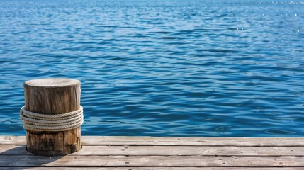 Naklejka premium a wooden dock stretches out over calm blue waters, adorned with rope and wood posts, offering ample copy space for text against the tranquil backdrop of a lake or sea.