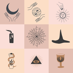 Set of magic symbols, celestial seamless pattern. Astrological, magical and esoteric symbols.