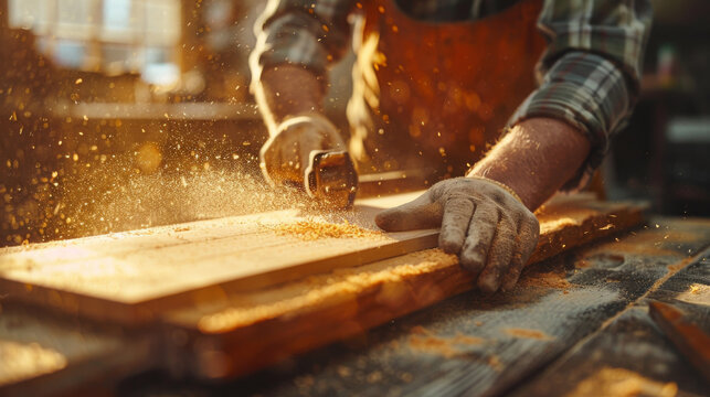 A man is sawing wood with a hand saw
