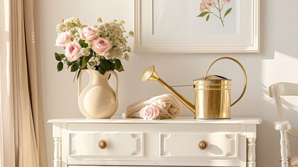 a beautiful bouquet of roses sits in a beige vase atop a white chest, accompanied by a golden watering can and a black frame with a picture on the wall behind it.