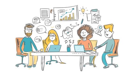 Collaborative Business Team Doodle Meeting with Playful Sketches and Graphs