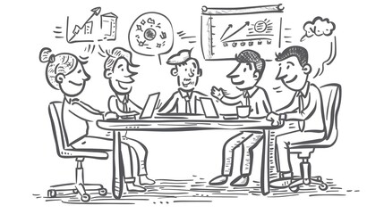 Cheerful Business Team Discussing Strategy with Doodle-Style