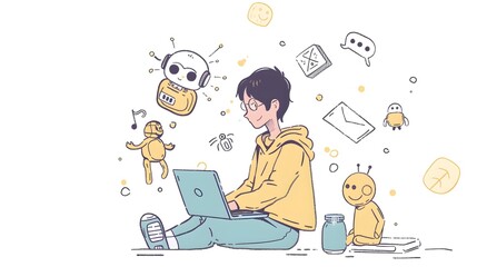 Person Using Laptop to Chat with Friendly in Playful Doodle Style