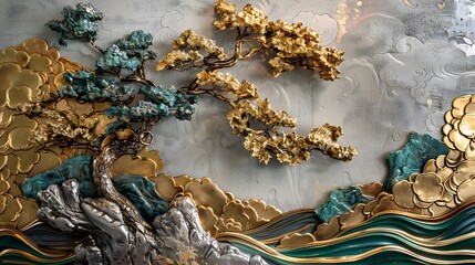 bonsai tree, a golden sun and the sea in relief on an abstract background with gray-blue tones