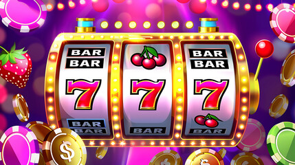 Colorful slot machine showing a winning combination of 777 with bars on a vibrant background.