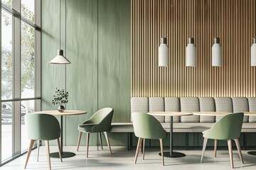 Interior of a cozy cafeteria with seating and tables, eating area with a couch and window