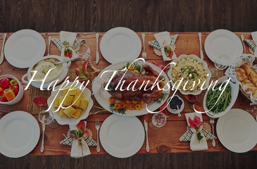 Thanksgiving, message or top view of turkey table for gratitude overlay, food or holiday lunch in...