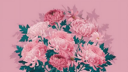 Different chrysanthemums and leaves on pink background