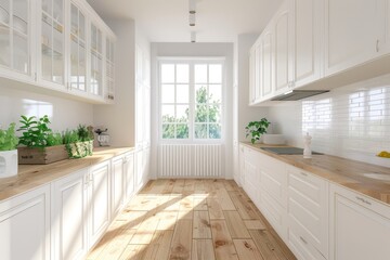 This is a modern kitchen with wooden beams, white cabinets, and light background. A rendering of contemporary interior design.