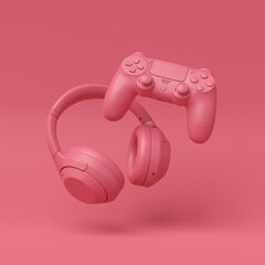 Flying gamer gears like headphones and joystick on monochrome background