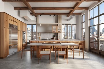 This 3D rendering depicts a modern kitchen with wooden cabinets, minimalistic style, large windows, and a dining room concept that is bright, cheerful, and contemporary.