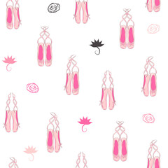Seamless pattern with ballet pointe shoes and additional elements, imitation of a sketch, watercolors. Ballet school promo background