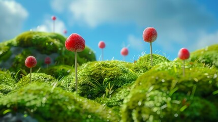 Obraz premium Stock AI concept depicting candy-like trees on a green fantasy landscape with blue sky background.