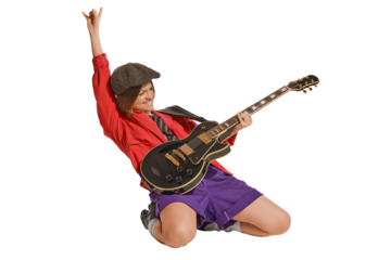 Mood, vibes. Stylish girl, retro musician wearing vintage style bright clothes playing guitar like rockstar isolated on transparent background. Vintage fashion, music, art, music festival concept.