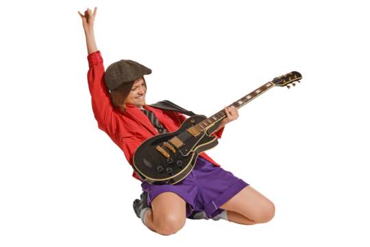 Mood, vibes. Stylish girl, retro musician wearing vintage style bright clothes playing guitar like rockstar isolated on transparent background. Vintage fashion, music, art, music festival concept. - Powered by Adobe