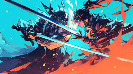 anime man carrying sword epic fight psychedelic background