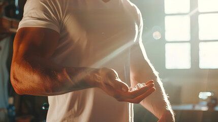 A muscular man in a white T-shirt holds a handful of white pills in capsules in his hand. The doping scandal. Close-up. Taking medications