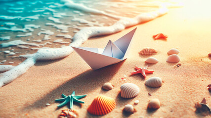 Paper boat on the beach. Origami style. Summer holiday concept