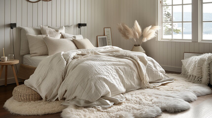 A Scandinavian-style bedroom with unique decor, cozy bedding, and natural elements, creating a warm and inviting atmosphere.