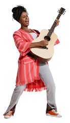 Fototapeta premium Solo. Stylish african woman wearing vintage style bright clothes playing guitar isolated on transparent background. Vintage fashion, music, art, emotions, music festival concept.