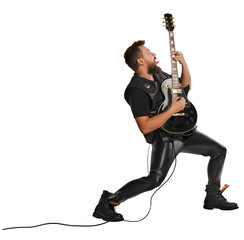 Stylish musician wearing leather clothes playing guitar like rockstar isolated on transparent background. Vintage fashion, music, art, emotions, music festival concept. Rock and droll