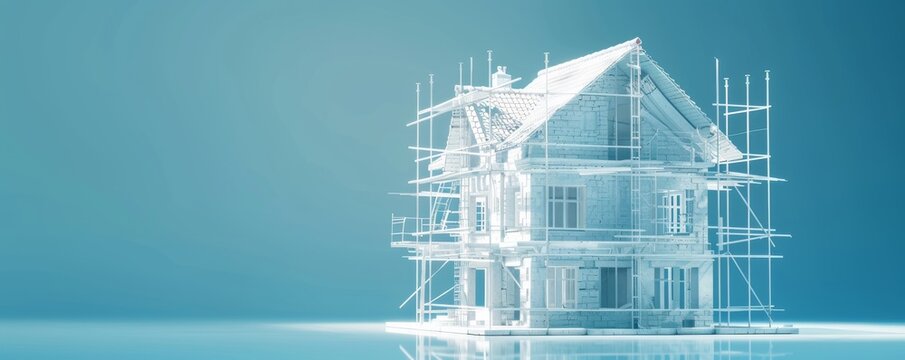 In the background, an empty brick house exterior is being repaired using scaffolding