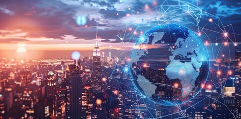 Fototapeta premium With IOT icons and business technology, a New York cityscape is presented