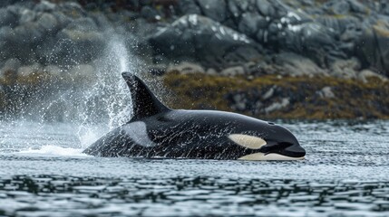 Obraz premium A killer whale gracefully moves through the water displacing it with ease