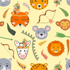 Seamless baby pattern with cute tribal animal faces. Illustration in Scandinavian style, Indians with feathers and bows