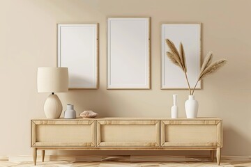 Mock up posters frame on wall in modern interior background. Books vase lamp on cabinet. Scandinavian style. 3D rendering.
