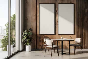 An interior mockup of a light-colored guest room with seats, a table, drawers and a window.