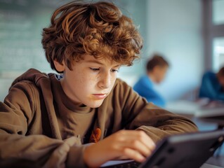 Focused schoolboy using tablet in classroom, engaged in learning. Technology in education concept with students studying in background.