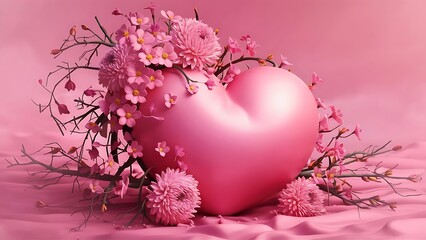 A large pink heart decorated with small pink flowers branch and some chrysanthemum on a pink tint background