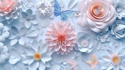 3d paper flowers isolated on white background, decorative design elements, greeting card